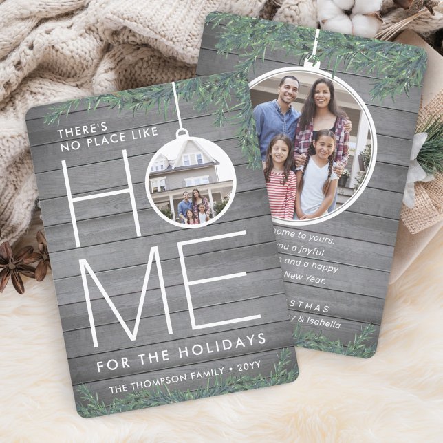 No Place Like Home 2 Photo Christmas Greenery Wood Holiday Card (Creator Uploaded)