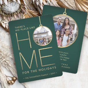 No Place Like Home 2 Photo Green & Gold Christmas Holiday Card