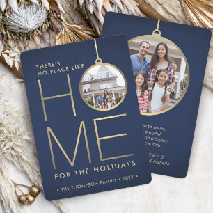 No Place Like Home 2 Photo Navy and Gold Christmas Holiday Card