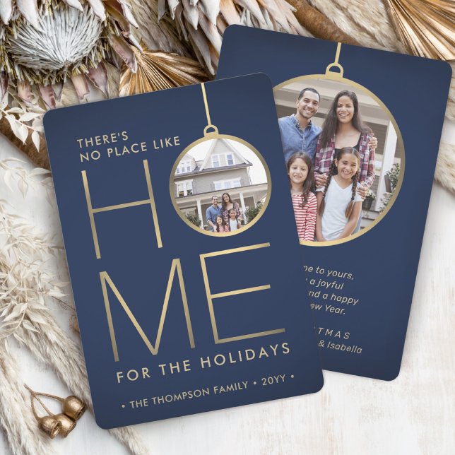 No Place Like Home 2 Photo Navy and Gold Christmas Holiday Card (Creator Uploaded)