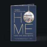 No Place Like Home 3 Photo Christmas Blue Folded Holiday Card<br><div class="desc">There's no place like home for the holidays - Send stylish joyful greetings and share three of your favourite pictures with this elegant modern minimalist holiday card. Text and photos on this template are simple to customise. The navy blue and faux gold foil design features ornaments framing images of your...</div>