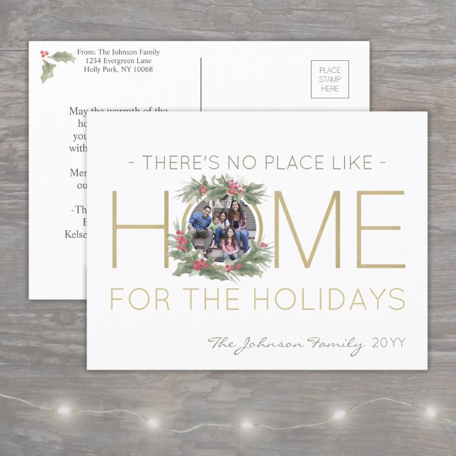 No Place Like Home Christmas Holly Wreath 1 Photo Holiday Postcard (Creator Uploaded)