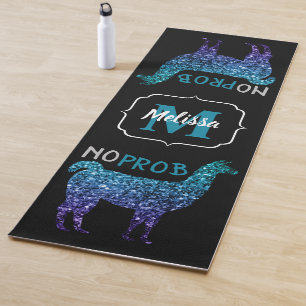 No Prob Llama Aqua blue ombre Sparkles Monogram Yoga Mat
