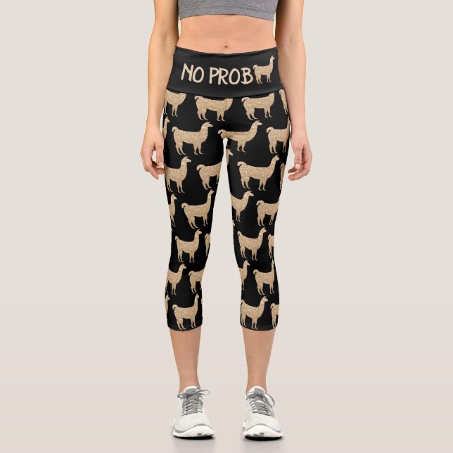 No Prob Llama Champagne gold glitter Sparkles Capri Leggings (Front)