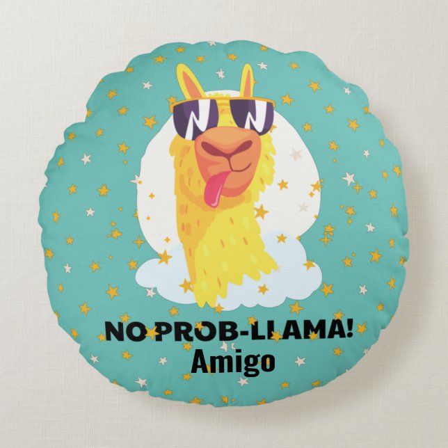 No-Prob-Llama Funny Cute Llama with Stars Round Cushion (Front)