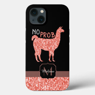 No Prob Llama pink coral glitter Sparkles Monogram iPhone 13 Case
