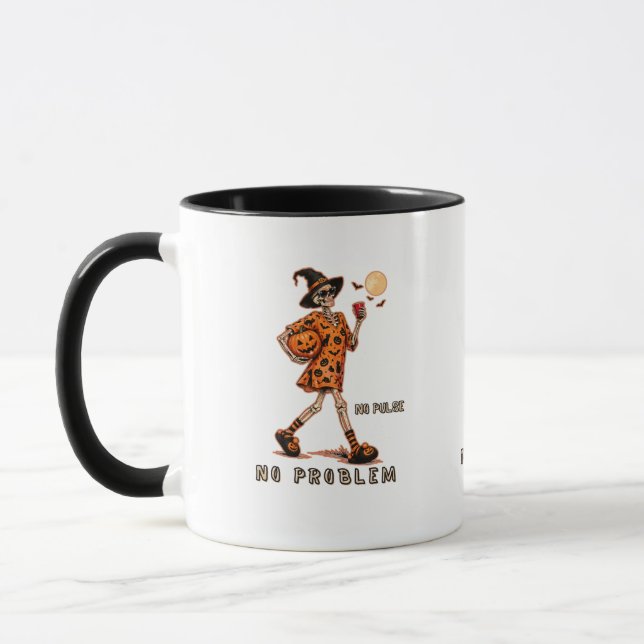 No Pulse No Problem Funny Skeleton Halloween Mug (Left)