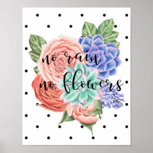 No Rain No Flowers   Typography with Watercolor Poster