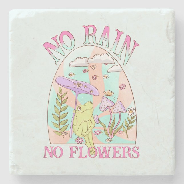 No Rain, No Flowers – Vibrant Floral & Mushroom Stone Coaster (Front)