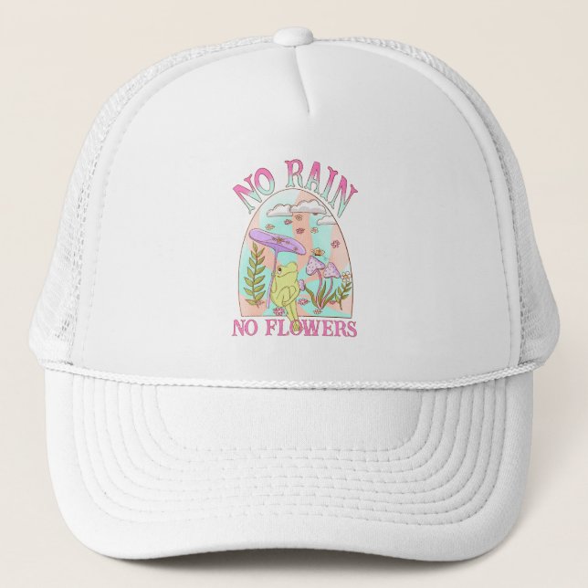 No Rain, No Flowers – Vibrant Floral & Mushroom Trucker Hat (Front)