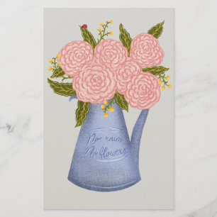 No rain no flowers watering can with flowers stationery
