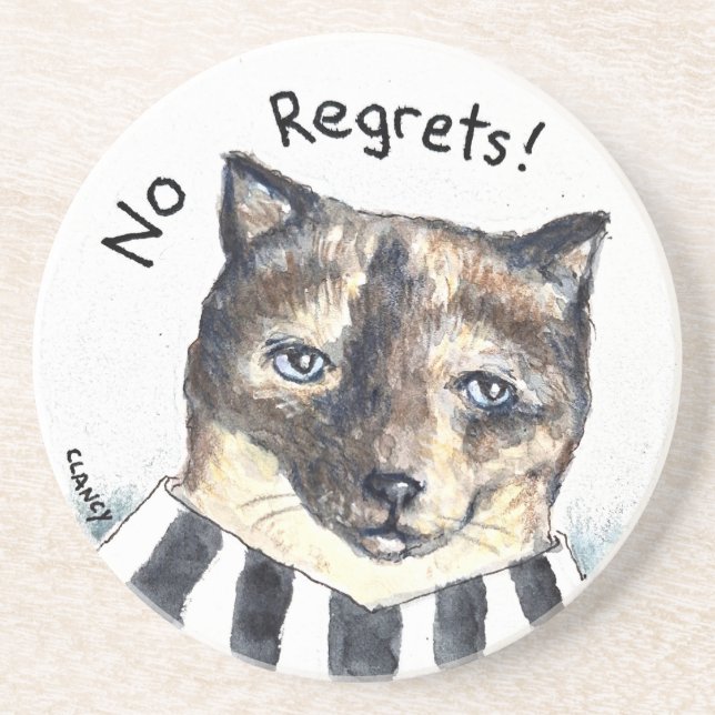 No Regrets cat stone coaster (Front)