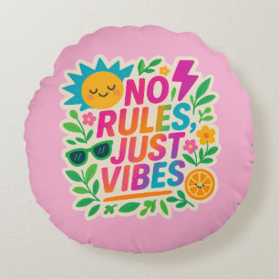 No Rules Just Vibes – Neon Gradient Kawaii-Punk Ty Round Cushion