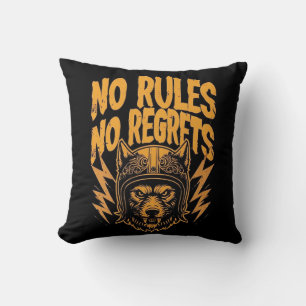 No Rules No Regrets - Wolf Biker Graphic Cushion