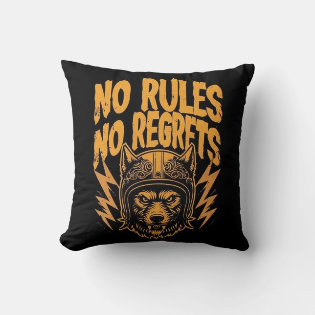 No Rules No Regrets - Wolf Biker Graphic Cushion (Front)