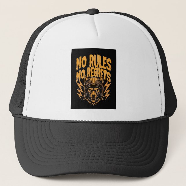 No Rules No Regrets - Wolf Biker Graphic Trucker Hat (Front)