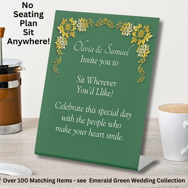 No Seating Chart - Wedding Emerald Green & Gold Pedestal Sign (Creator Uploaded)