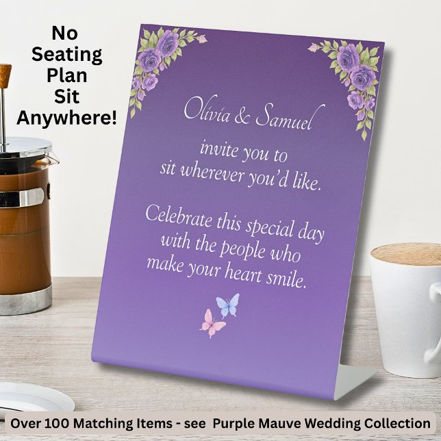 No Seating Chart - Wedding Purple Mauve Flowers Pedestal Sign (Creator Uploaded)