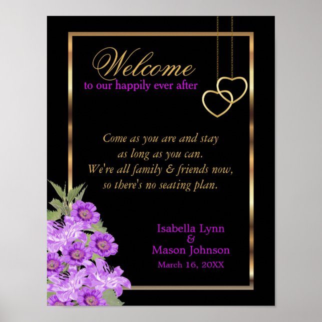 No Seating Plan - Elegant Purple Flower Wedding Poster (Front)