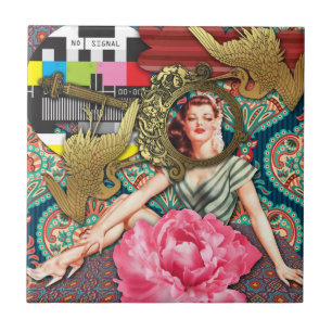 No-Signal - Cheeky Lady Digital Collage Ceramic Tile