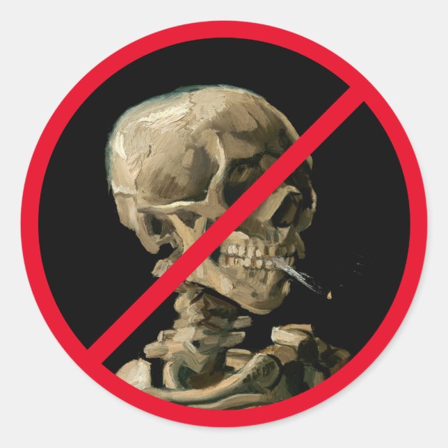 No Smoking Sign with Van Gogh Skull Artwork Classic Round Sticker (Front)