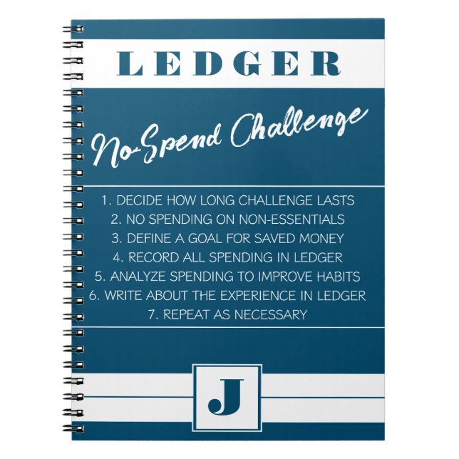 No Spend Challenge Ledger Blue & White Initial Notebook (Front)