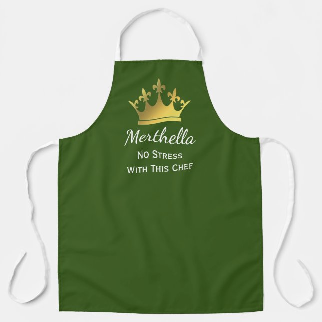 NO STRESS CHEF | Personalised Add Logo | GREEN Apron (Front)