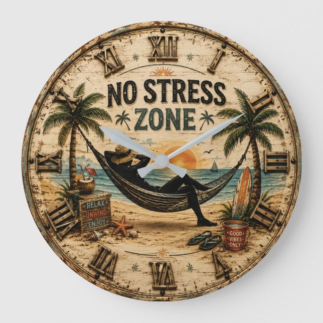 No Stress Zone Beach Coastal Farmhouse Large Clock (Front)