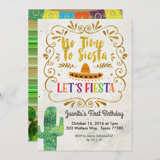 No Time to Siesta, Let's Fiesta Invitation Gold (Front/Back)