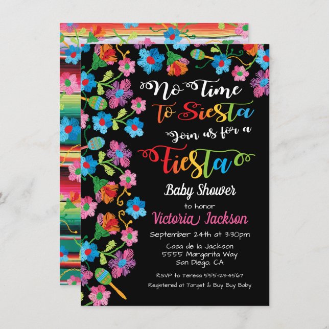 No time to siesta Mexican fiesta embroidery Invitation (Front/Back)