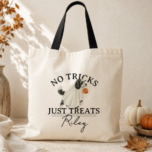 No Tricks Just Treat Funny Pun Ghost Dog Halloween Tote Bag