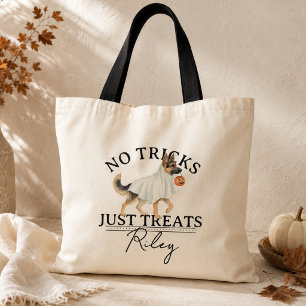No Tricks Just Treat Funny Pun Ghost Dog Halloween Tote Bag