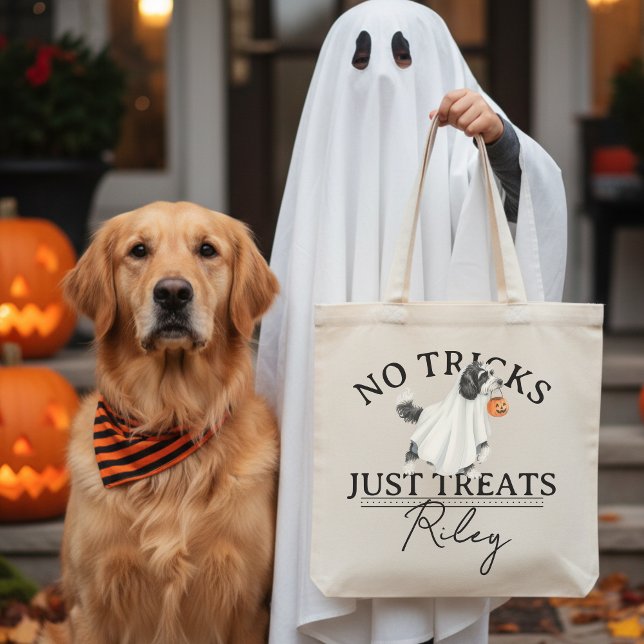 No Tricks Just Treat Funny Pun Ghost Dog Halloween Tote Bag (Collect candy treats in the cutest No Tricks Just Treat Funny Pun Ghost Dog Halloween Tote Bag! )