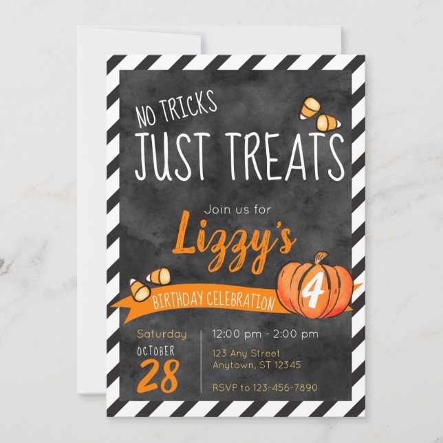 No Tricks Just Treats Candy Halloween Birthday Invitation (Front)
