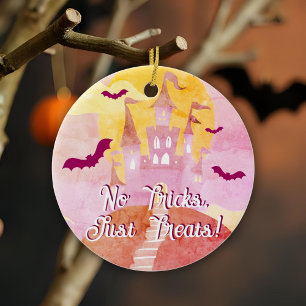 No Tricks Just Treats Spooky Castle Halloween Ceramic Ornament