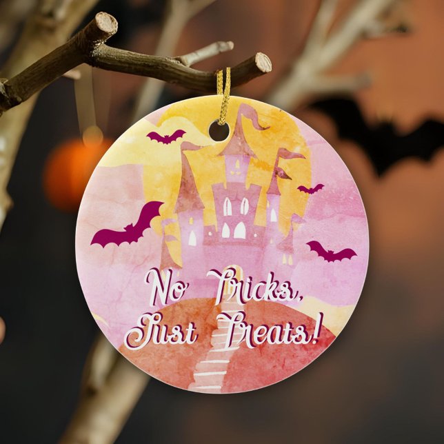No Tricks Just Treats Spooky Castle Halloween Ceramic Ornament (Creator Uploaded)