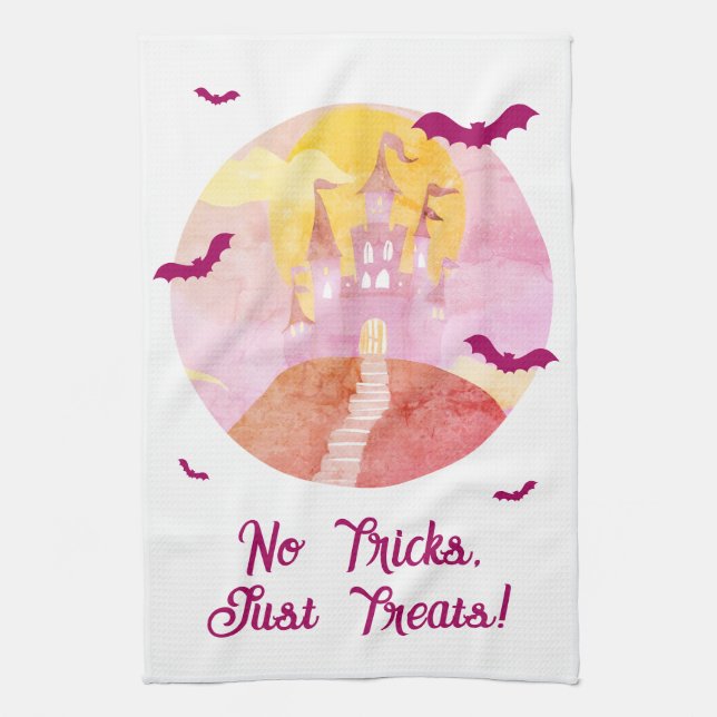 No Tricks Just Treats Spooky Castle Halloween Tea Towel (Vertical)