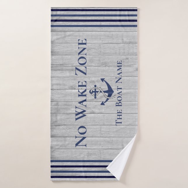 No Wake Zone Navy Anchor Rope Nautical Bath Towel (Bath Towel)
