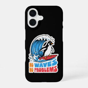 No Waves No Problems Funny Penguin Surfing Waves iPhone 16 Case