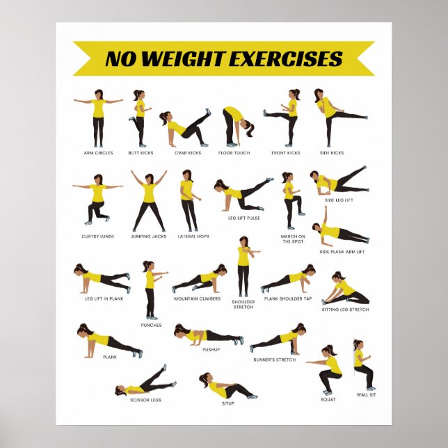 No Weight Exercises Fitness Poster - Yellow (Front)