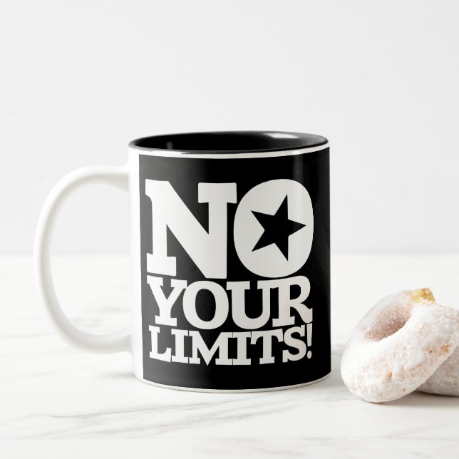 No Your Limits! White Text Black BG Two-Tone Coffee Mug (With Donut)