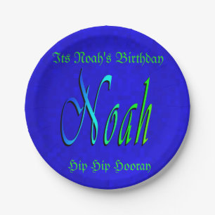 Noah, Name, Logo, Blue Birthday Paper Plate. Paper Plate