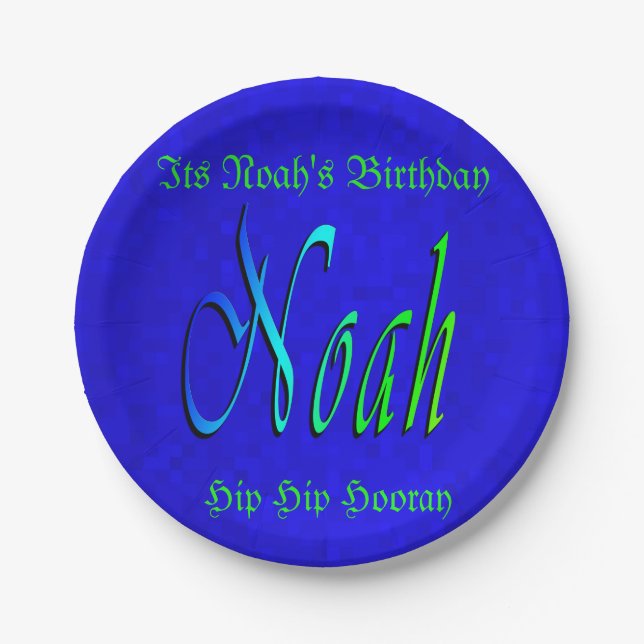 Noah, Name, Logo, Blue Birthday Paper Plate. Plate (Front)