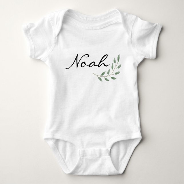 Noah Name Reveal Romper Newborn Nature Leaf Baby Bodysuit (Front)