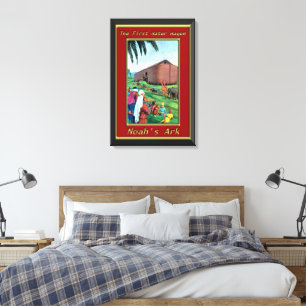 Noah`s Ark Animals walking onto the ship red frame Canvas Print
