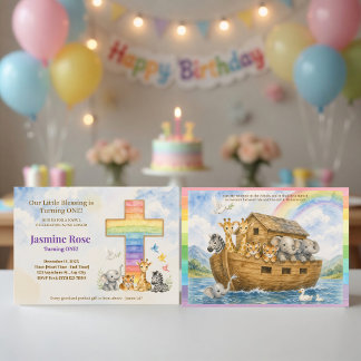 Noah’s Ark Baby Animals & Rainbow Cross Watercolor Invitation