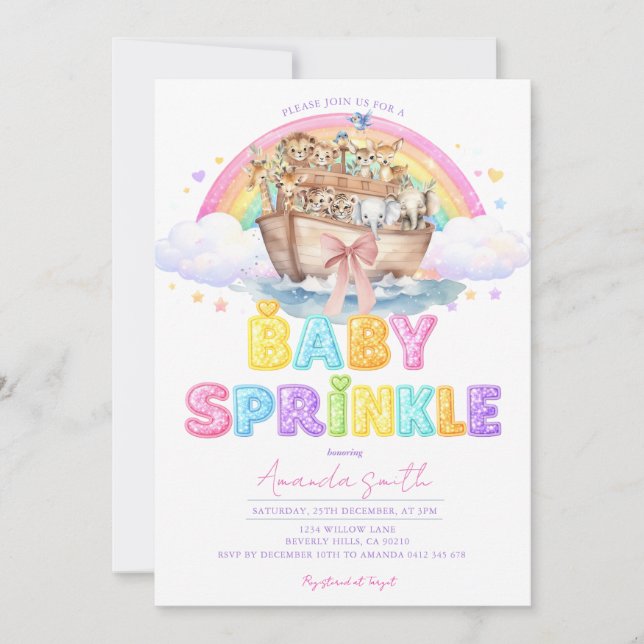 Noah’s Ark Baby Sprinkle Glitter Rainbow  Invitation (Front)