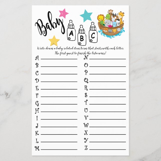 Noah's Ark ABC Baby Shower Game Card (Front)