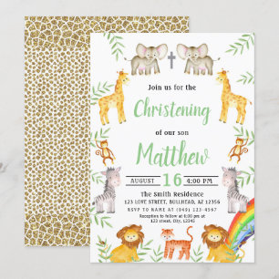 Noahs Ark Animal Rainbow Watercolor Christening Invitation