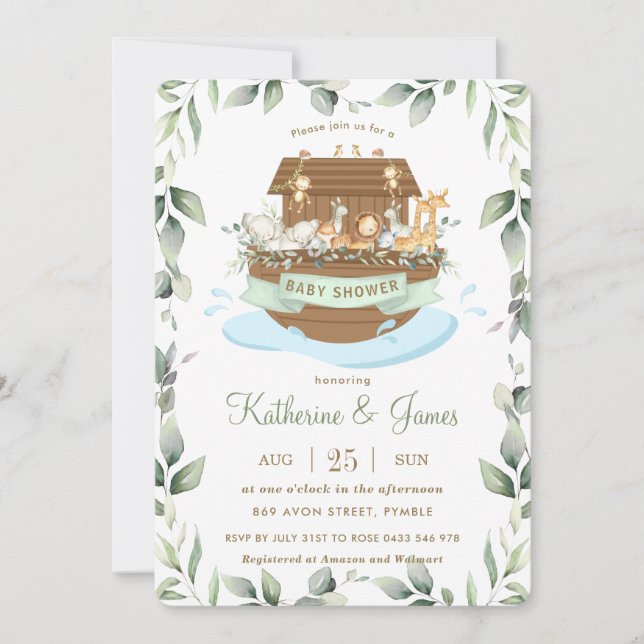Noah's Ark Animals Greenery Baby Shower Neutral Invitation (Front)